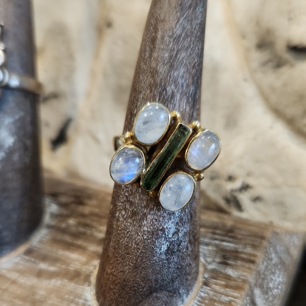 Moonstone and Green Tourmaline Ring